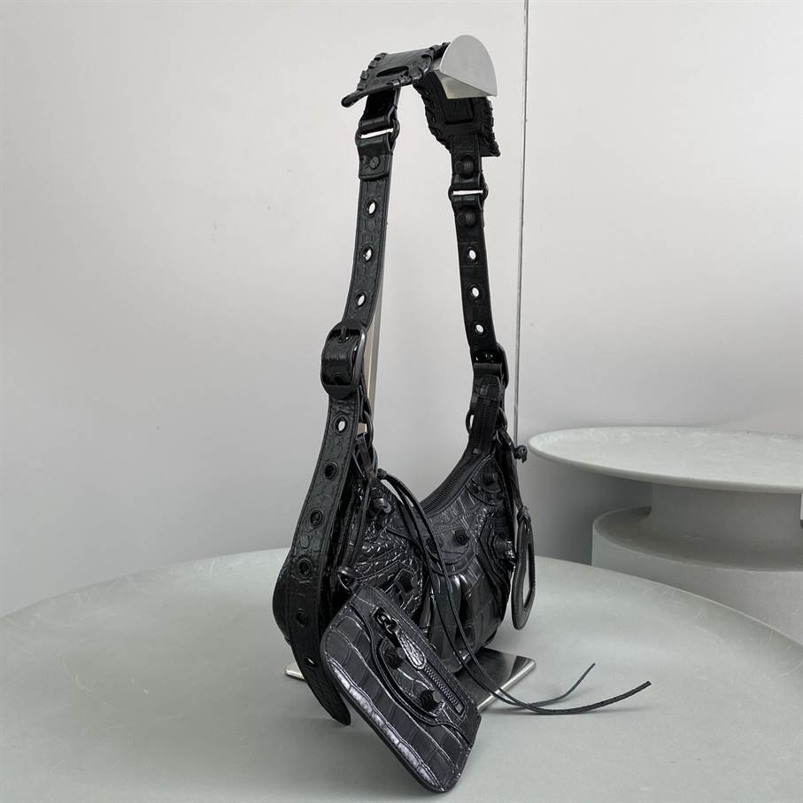 Women'S Le Cagole Xs Shoulder Bag In Extra Supple Crocodile Embossed Calfskin In Black - BHB05 - 3