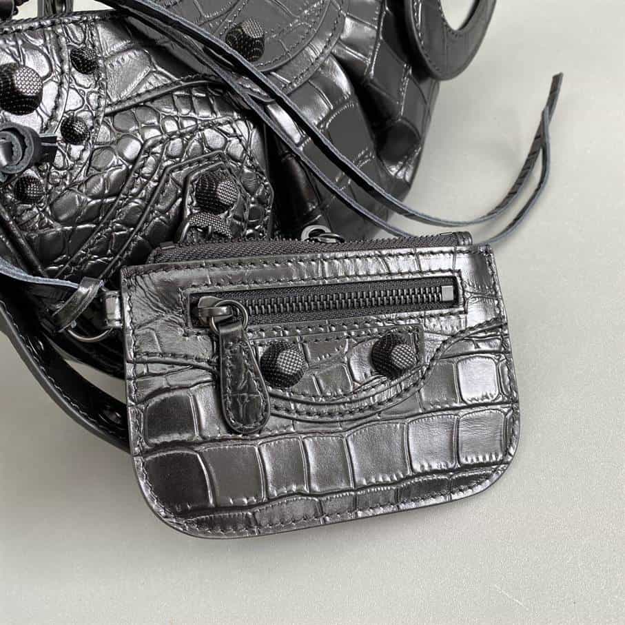 Women'S Le Cagole Xs Shoulder Bag In Extra Supple Crocodile Embossed Calfskin In Black - BHB05 - 4