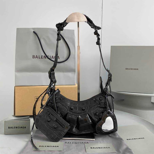 Women'S Le Cagole Xs Shoulder Bag In Extra Supple Crocodile Embossed Calfskin In Black - BHB05 - 1