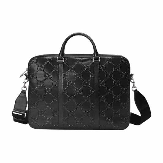 Gucci GG Embossed Briefcase Black Leather Cotton Linen Lining - GBC005 - 1