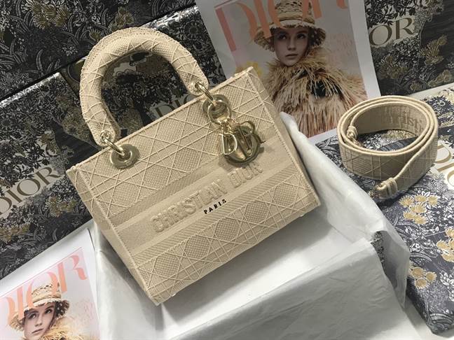 MEDIUM LADY D-LITE BAG Beige Cannage Embroidery - DHB48 - 2