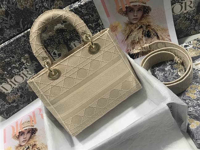 MEDIUM LADY D-LITE BAG Beige Cannage Embroidery - DHB48 - 4