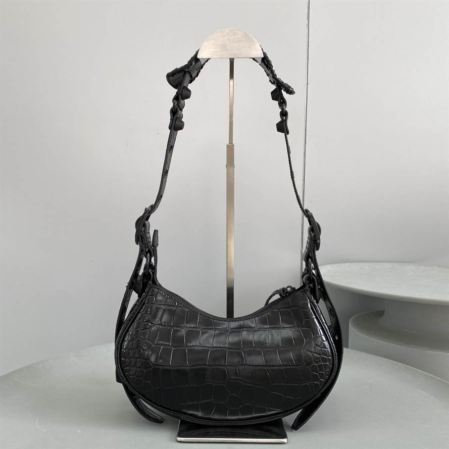 Women'S Le Cagole Xs Shoulder Bag In Extra Supple Crocodile Embossed Calfskin In Black - BHB05 - 2