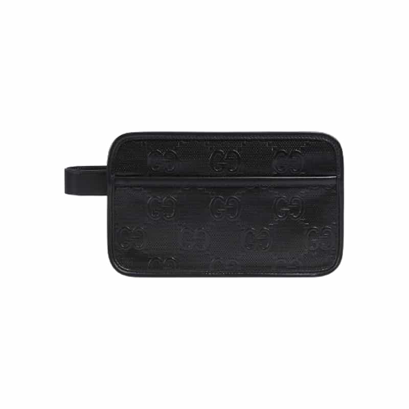 Gg Embossed Cosmetic Case Black Gg Embossed Leather Cotton Linen Lining GBB020 - 1