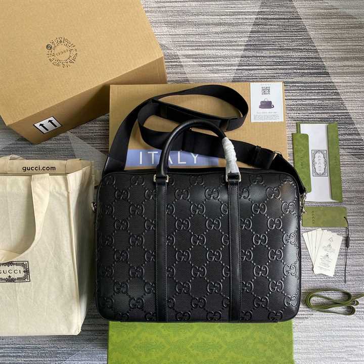 Gucci GG Embossed Briefcase Black Leather Cotton Linen Lining - GBC005 - 2