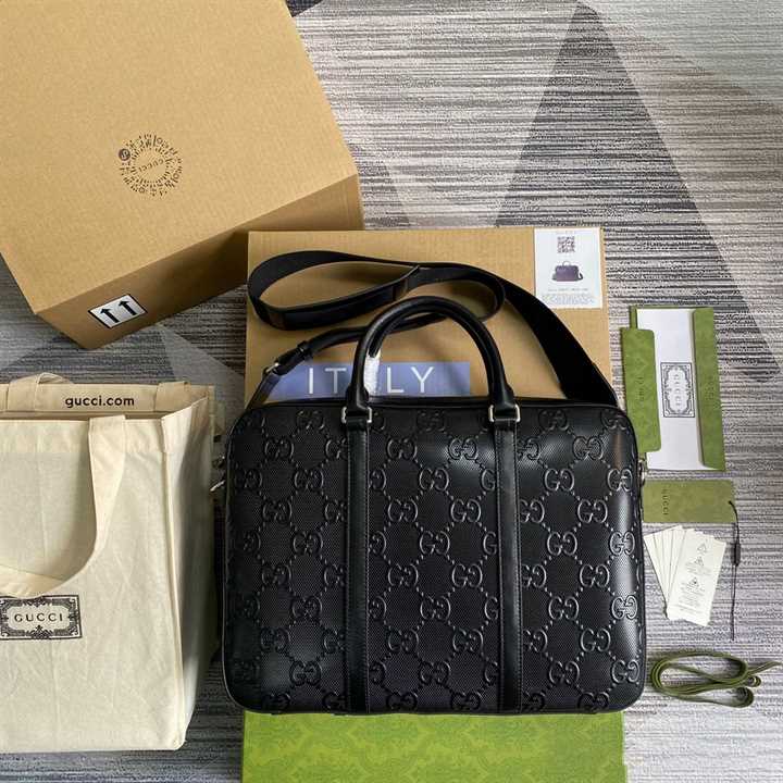 Gucci GG Embossed Briefcase Black Leather Cotton Linen Lining - GBC005 - 3