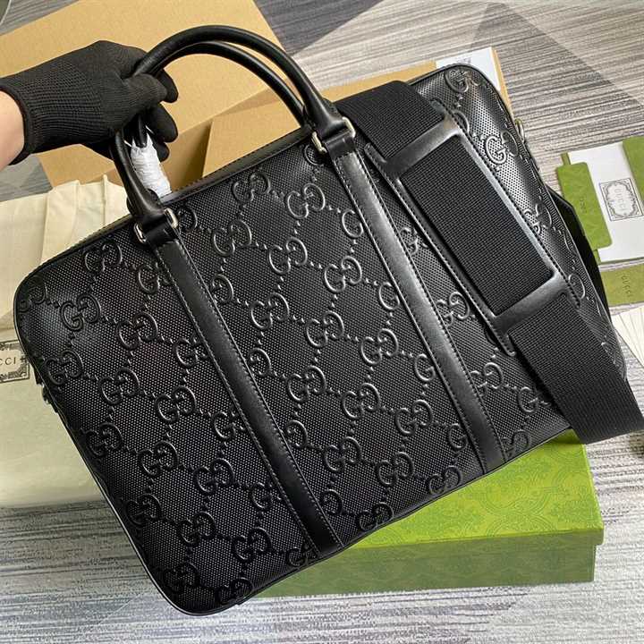 Gucci GG Embossed Briefcase Black Leather Cotton Linen Lining - GBC005 - 4