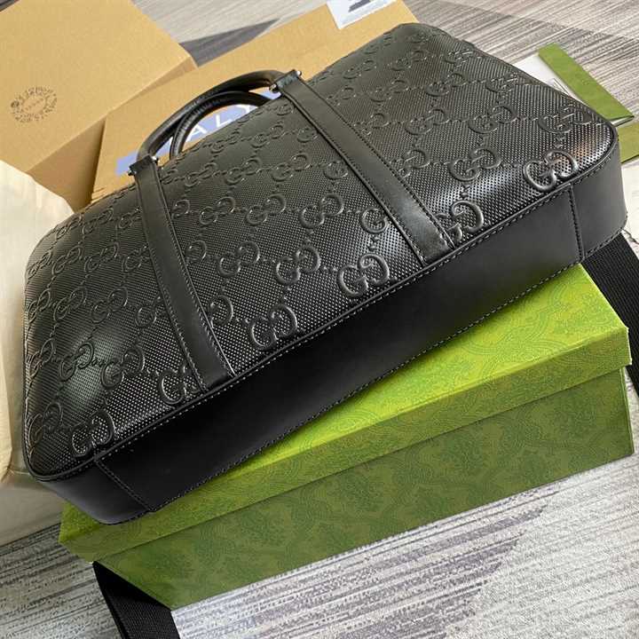 Gucci GG Embossed Briefcase Black Leather Cotton Linen Lining - GBC005 - 6