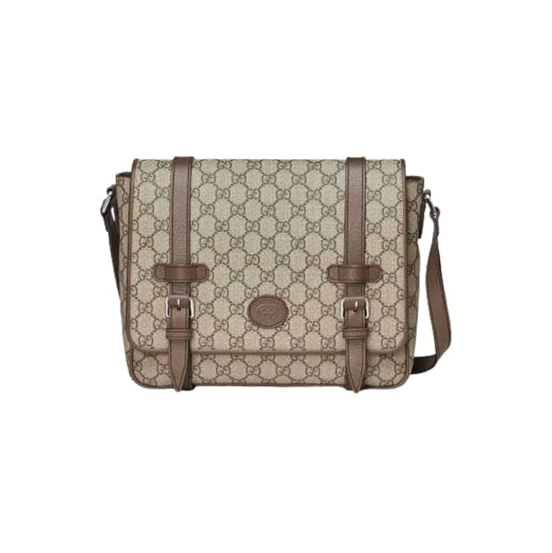 Gucci Messenger Bag Beige/Ebony Gg Supreme Canvas Brown Leather Trim GMB008 - 1