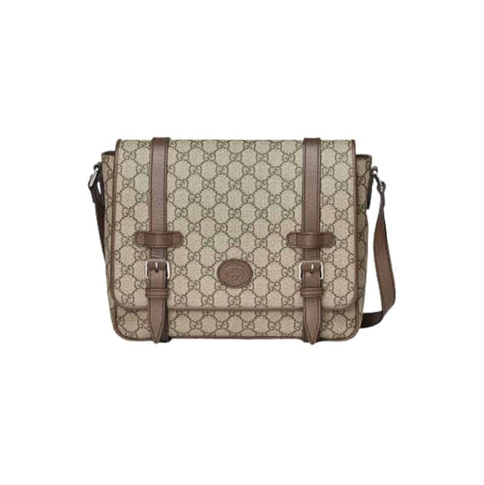 Gucci Messenger Bag Beige/Ebony Gg Supreme Canvas Brown Leather Trim GMB008 - 1