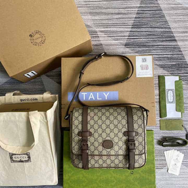 Gucci Messenger Bag Beige/Ebony Gg Supreme Canvas Brown Leather Trim GMB008 - 2