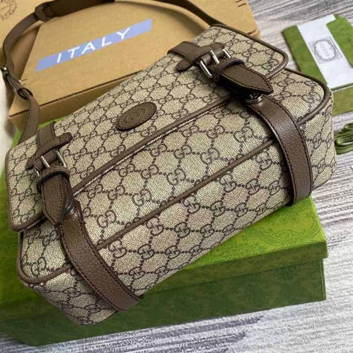 Gucci Messenger Bag Beige/Ebony Gg Supreme Canvas Brown Leather Trim GMB008 - 6