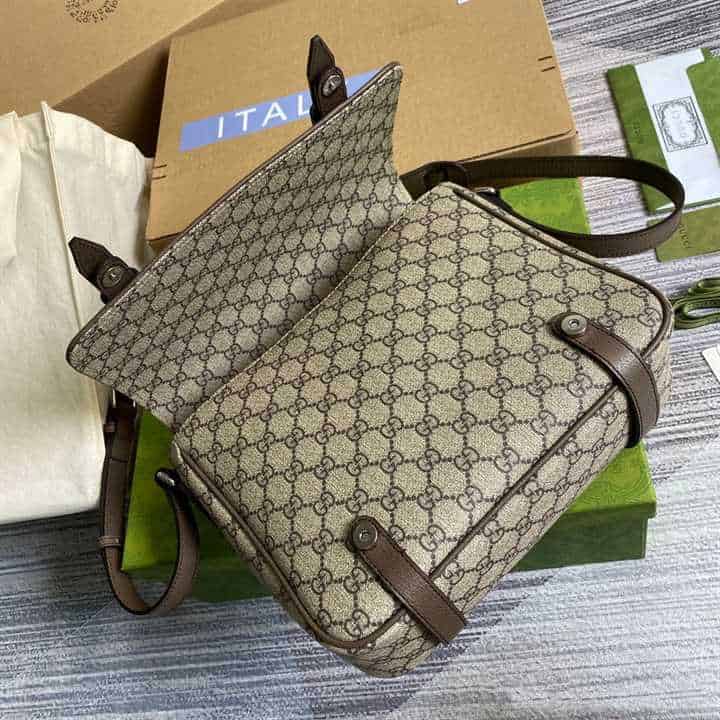 Gucci Messenger Bag Beige/Ebony Gg Supreme Canvas Brown Leather Trim GMB008 - 7