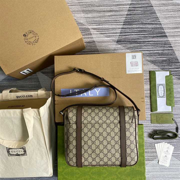 Gucci Messenger Bag Beige/Ebony Gg Supreme Canvas Brown Leather Trim GMB008 - 3