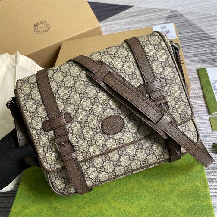 Gucci Messenger Bag Beige/Ebony Gg Supreme Canvas Brown Leather Trim GMB008 - 9